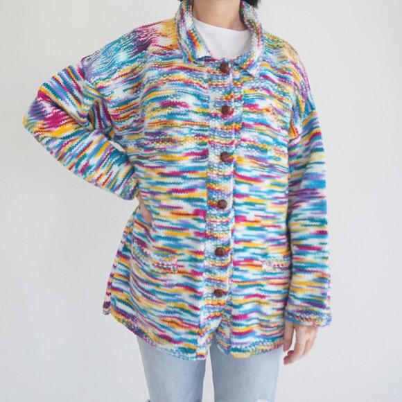 Sweaters - Handknit Multicolor Painterly Stripe Button Front Chunky FolkArt Knit Cardigan M